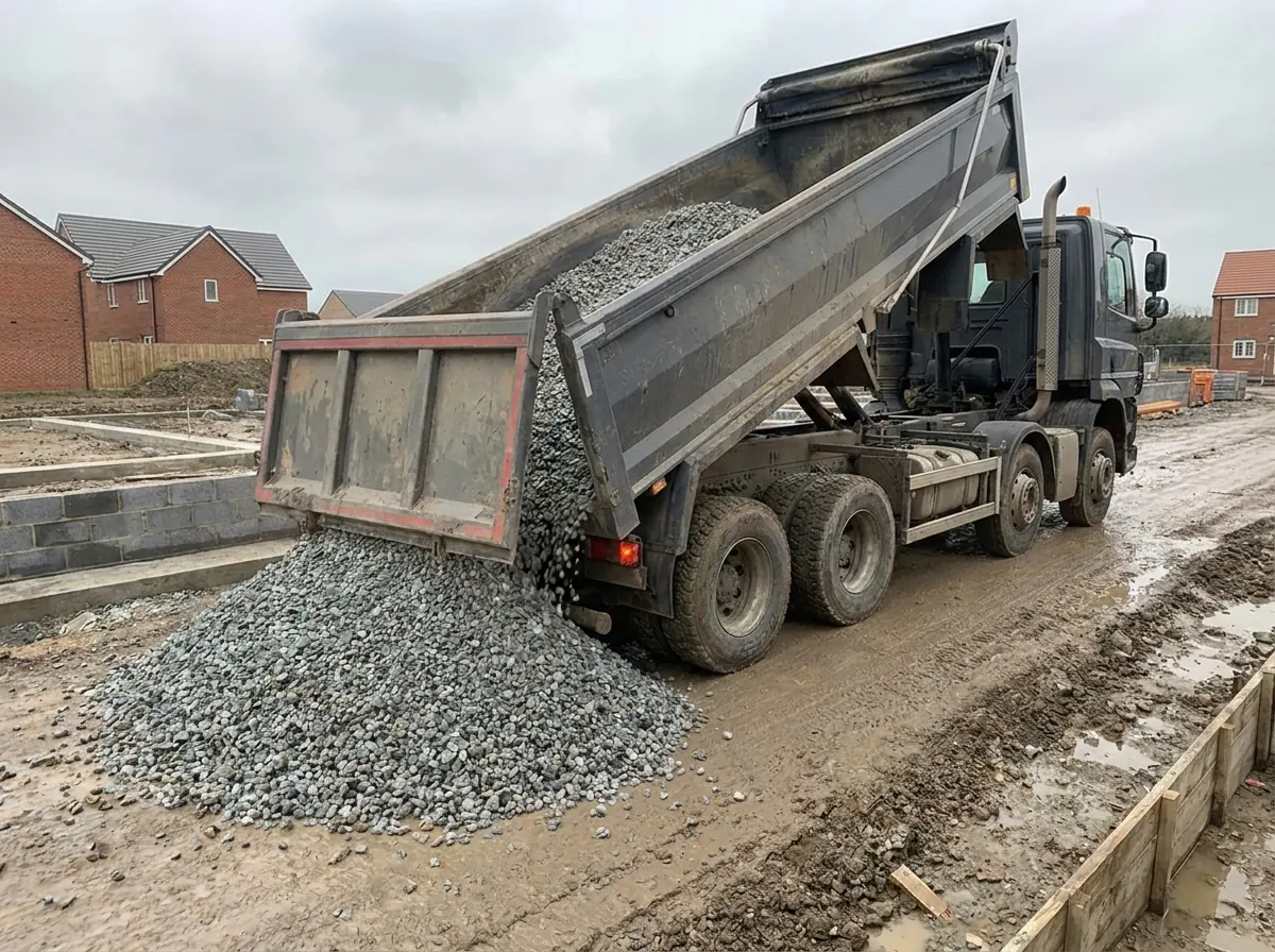 Eight-wheeler tipper discharging Type 1 on a new-build plot