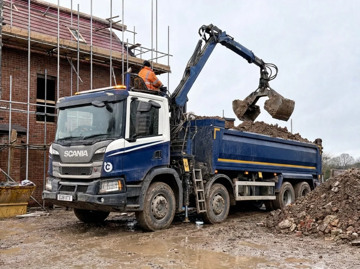 Grab lorry loading spoil on a building site