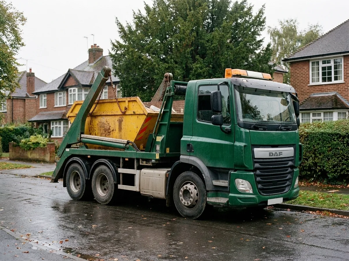 Skip loader delivering a skip on a residential street